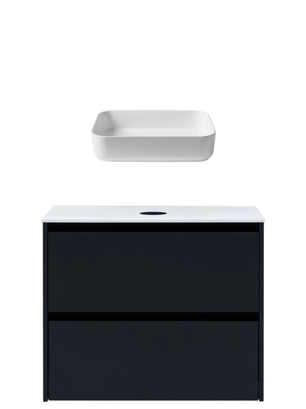 Тумба с раковиной Allen Brau Activity 80 с подсветкой, матовый антрацит, черный браш, столешница белая, раковина Fantasy Quad 50x36, белая