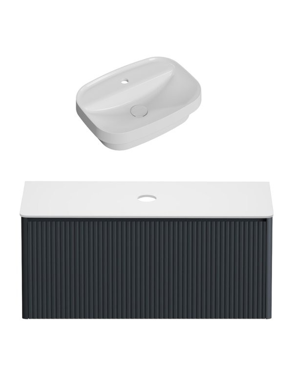 Тумба с раковиной Allen Brau Gravity 120 1 ящик, с фрезеровкой, матовый антрацит, столешница белая, раковина Fantasy Sphere 55x40, белая