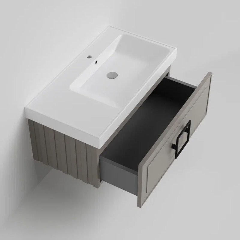 Тумба под раковину La Fenice CUBO Cappuccino бежевая матовая 90 см Черная ручка