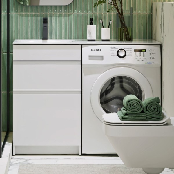 Тумба с раковиной Aqwella Duet 53 L напольная, под стиральную машину, белая