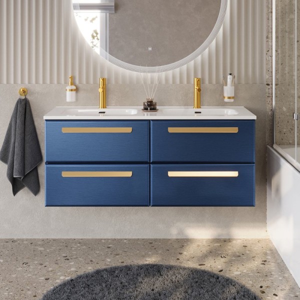 Тумба с раковиной Cezares Eco Cer-N 120 4 ящика, sapfiro, раковина Duet 120, двойная, ручки сатиновое золото