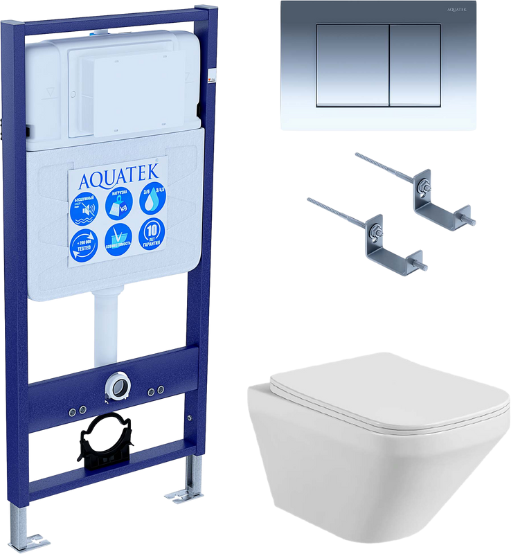 Комплект Унитаз подвесной AQUATEK Лира AQ1155-00 безободковый, с микролифтом + Инсталляция Standard INS-0000012 + Комплект креплений KKI-0000002 + Кнопка KDI-0000010 глянцевый хром