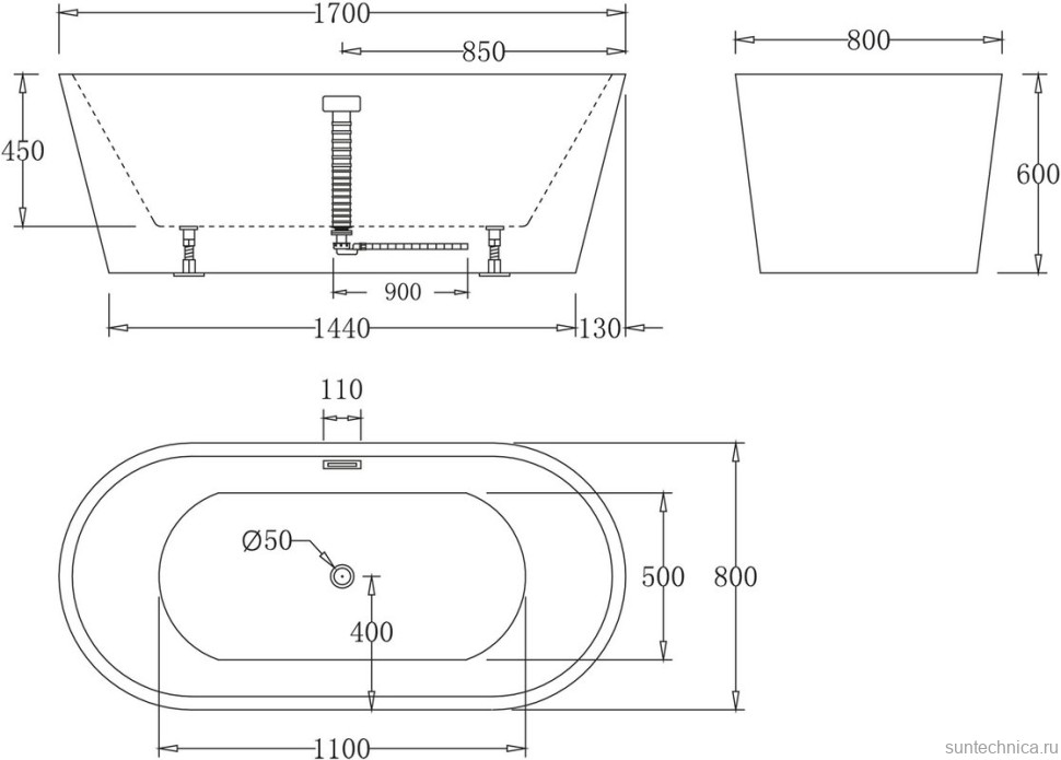 Акриловая ванна BelBagno BB71-1700 170x80 см, отдельностоящая, белая, овальная, с каркасом, со сливом-переливом