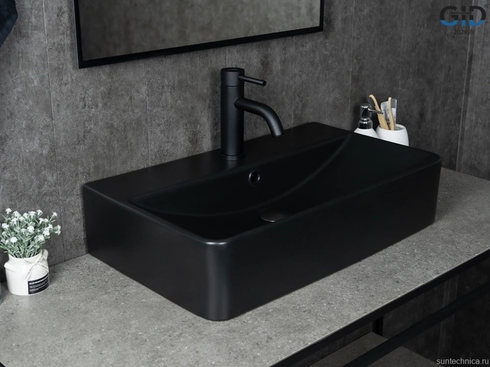 Накладная раковина GID Geometrico Bm1344 61 матовая черная, прямоугольная, фаянс, с 1 отверстием под смеситель