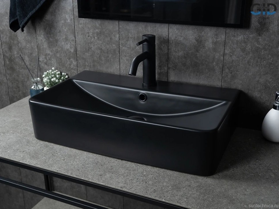 Накладная раковина GID Geometrico Bm1344 61 матовая черная, прямоугольная, фаянс, с 1 отверстием под смеситель