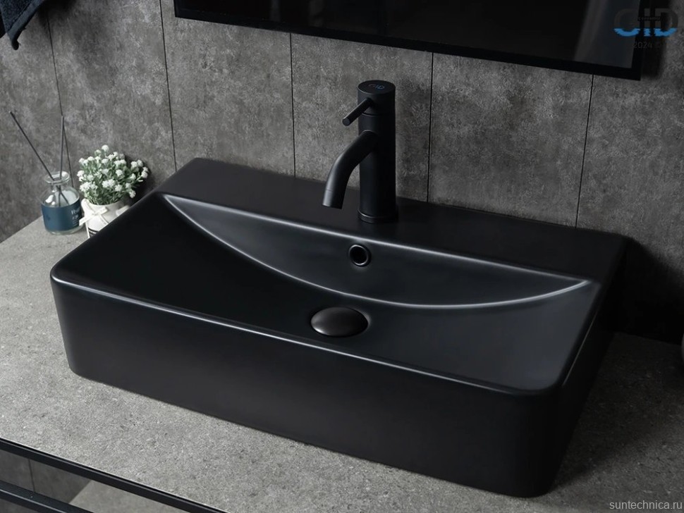 Накладная раковина GID Geometrico Bm1344 61 матовая черная, прямоугольная, фаянс, с 1 отверстием под смеситель