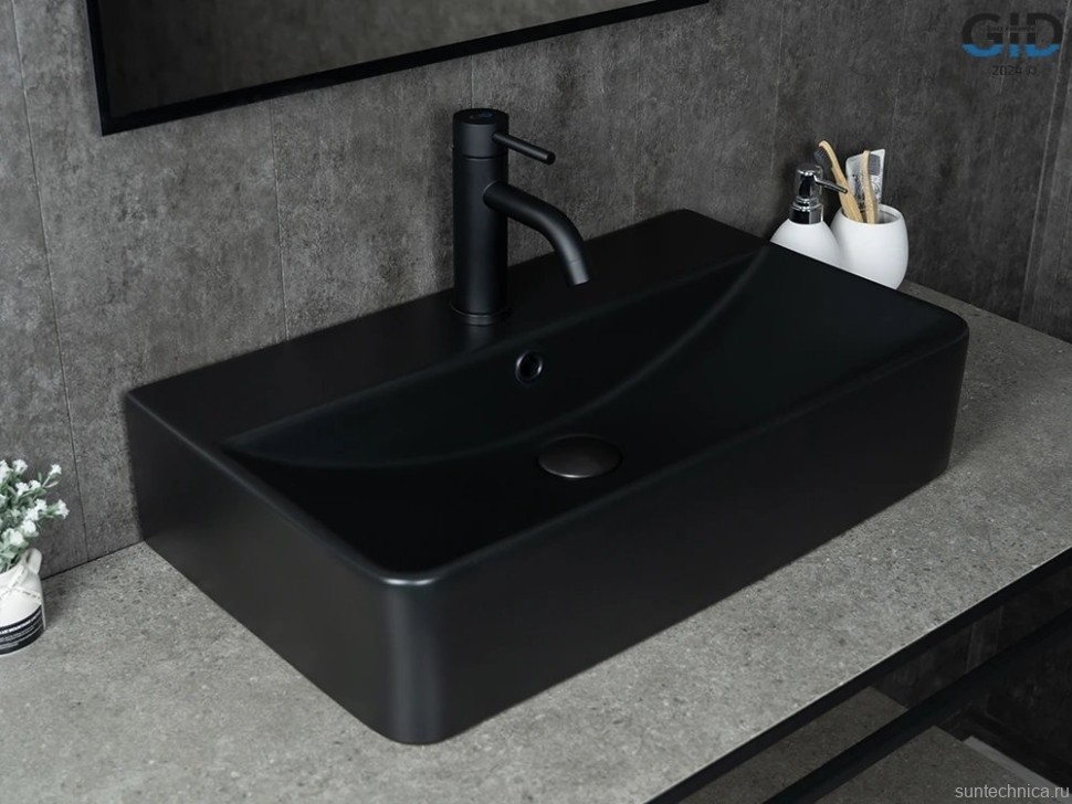 Накладная раковина GID Geometrico Bm1344 61 матовая черная, прямоугольная, фаянс, с 1 отверстием под смеситель