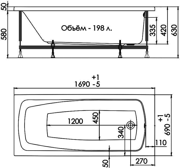 Акриловая ванна 1ACReal Стандарт Лондон 170x70 см, пристенная, белая, с каркасом