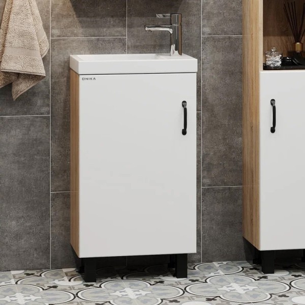 Тумба с раковиной Onika Тимбер 45 напольная, белая матовая, дуб сонома