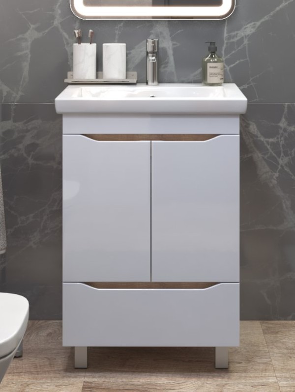 Тумба с раковиной Vigo Grani 60 напольная, 2 дверцы, 1 ящик, белая, дуб золотой, раковина Como 60