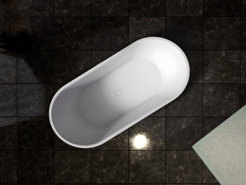 Ванна из искусственного камня Abber Stein AS9650 170x80 см, отдельностоящая, матовая белая, овальная, на ножках, с донным клапаном, фурнитура белая