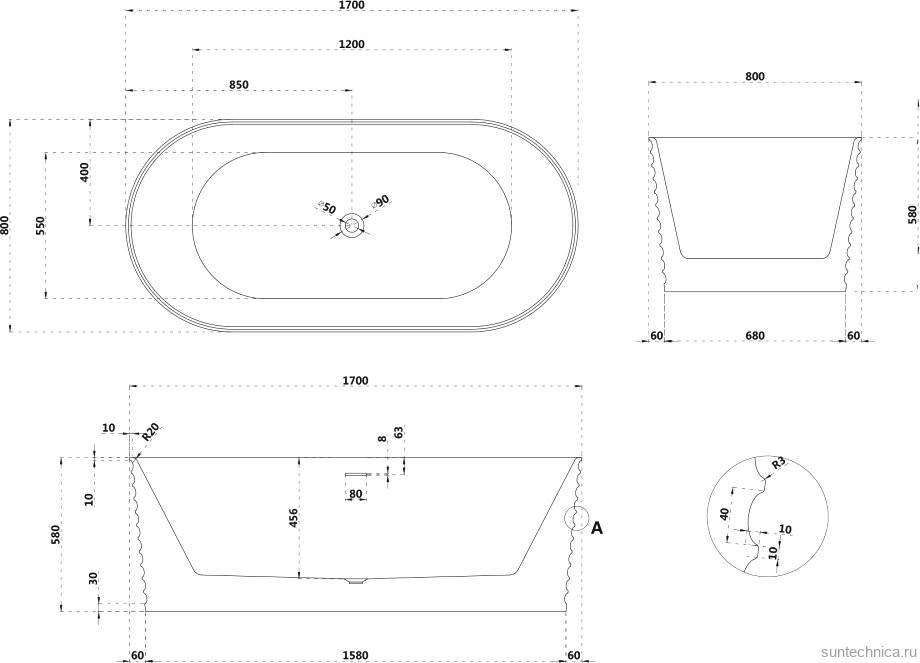 Ванна из искусственного камня Abber Stein AS9650 170x80 см, отдельностоящая, матовая белая, овальная, на ножках, с донным клапаном, фурнитура белая