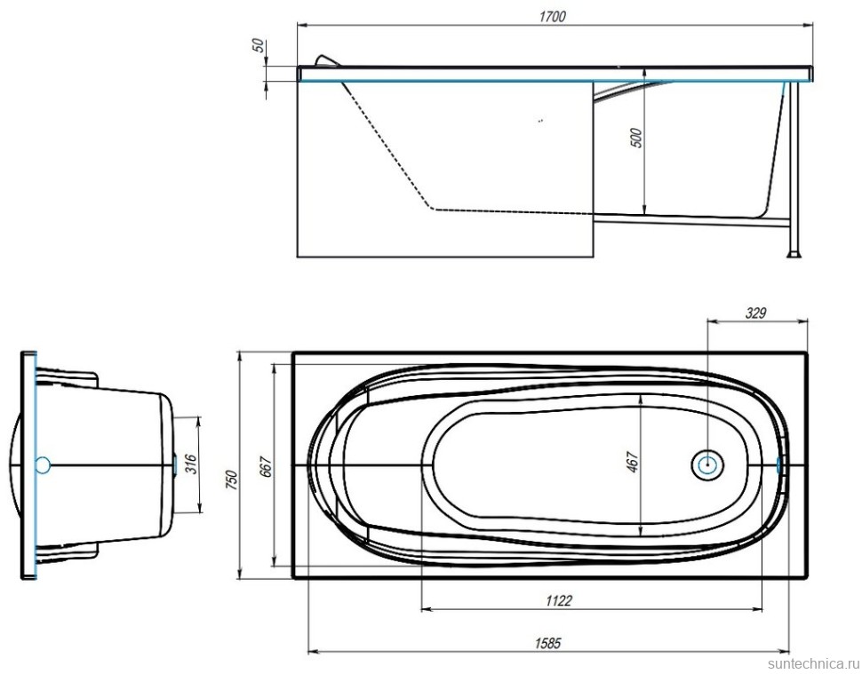 Акриловая ванна Alex Baitler Nemi 170x75 см, встраиваемая, белая, с экраном