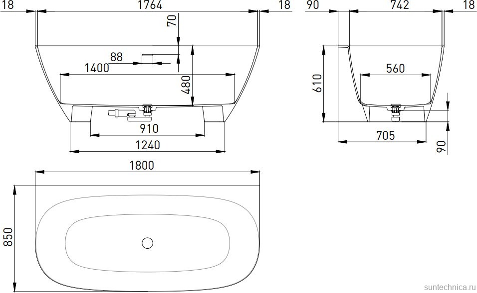 Ванна из искусственного камня Salini Sofia Wall 180x85 см, пристенная, матовая белая, со сливом-переливом, с донным клапаном