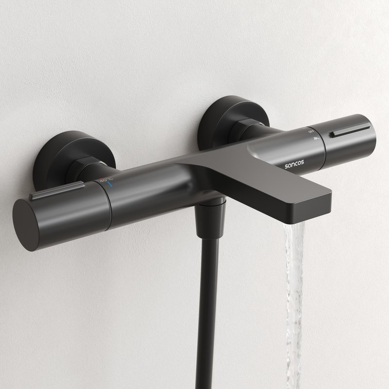 Термостатический смеситель для ванны и душа Sancos Etna, черный матовый, SC9006MB