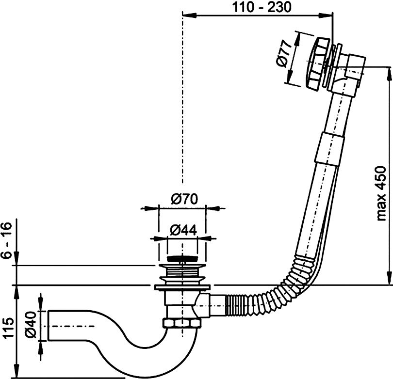 Слив-перелив для ванны Timo 8003 52 мм, полуавтомат, chrome, с сифоном