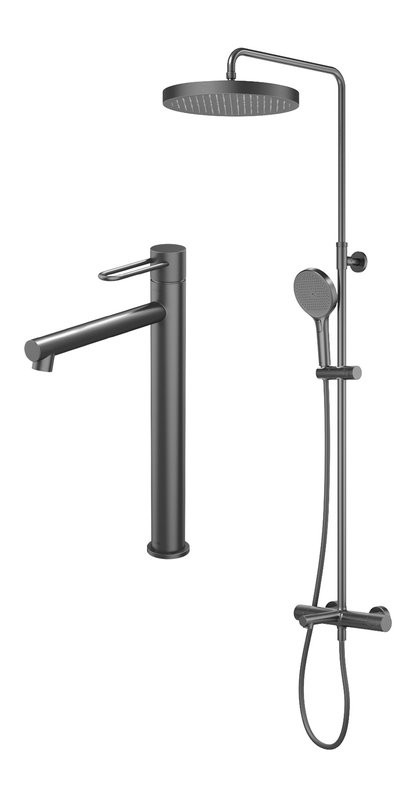 Комплект для ванной IDDIS Duna Душевая стойка IDDIS Duna DUNGMSTi06 + Смеситель для раковины DUNGM01i01, графит матовый