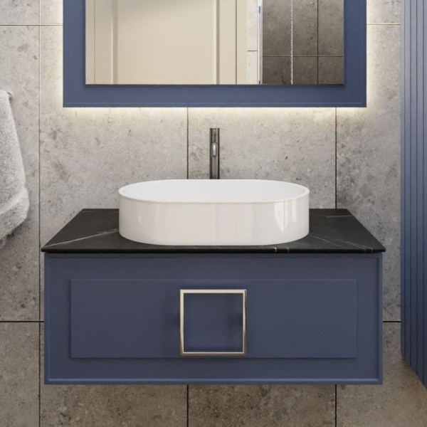 Тумба под раковину со столешницей La Fenice Cubo 80 подвесная, синяя, столешница черный мрамор, белая ручка