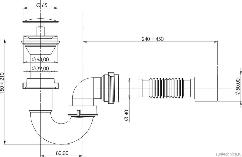 Сифон для раковины EWRIKA 0301003042 40 мм, трубный, глянцевый белый, нержавеющая сталь