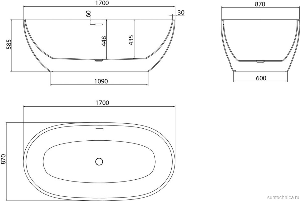 Акриловая ванна Grossman Classic GR-2503 170x85 см, отдельностоящая, белая, овальная, с каркасом, со сливом-переливом