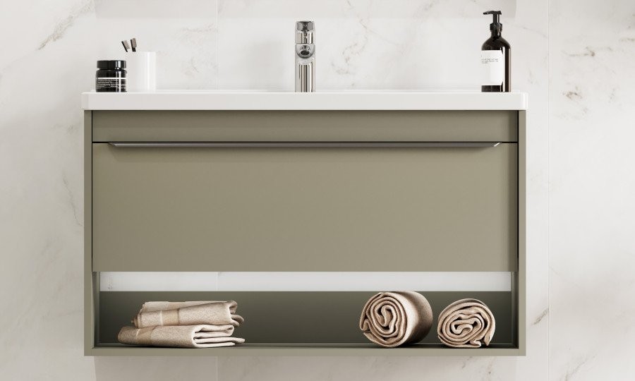 Тумба с раковиной AQUATON Хоуп 100 подвесная, 1 ящик, хаки