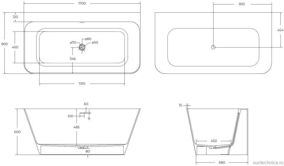 Ванна из искусственного камня Cezares Liner Solid Surface 170x80 см, пристенная, матовая белая, со сливом-переливом, с донным клапаном