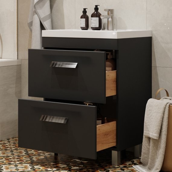 Тумба с раковиной Velvex Orlando 60 напольная, 2 ящика, графит