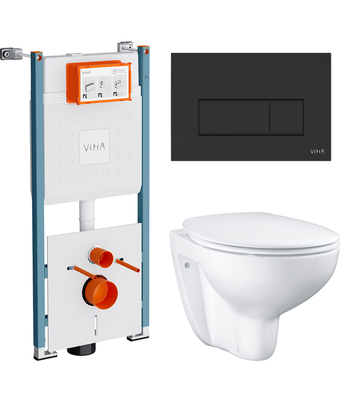 Комплект Унитаз подвесной Grohe Bau Ceramic 39351000 безободковый, альпин-белый + Инсталляция VitrA V-Fix Core 732-5800-01PV + Кнопка Root Square 740-2311 черная матовая