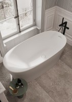 Ванна из искусственного камня Allen Brau Krion Neo XL 180x80 см, отдельностоящая, матовая белая, овальная, со сливом-переливом, фурнитура белая