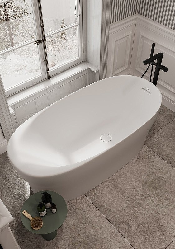 Ванна из искусственного камня Allen Brau Krion Neo XL 180x80 см, отдельностоящая, матовая белая, овальная, со сливом-переливом, фурнитура белая