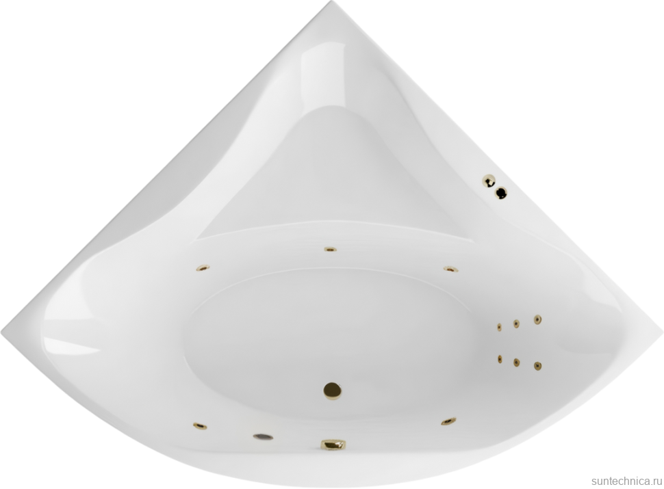 Акриловая ванна Excellent Glamour Line 150x150 см, угловая, встраиваемая, с гидромассажем, белая, четверть круга, с каркасом, с сиденьем, со сливом-переливом, фурнитура бронза