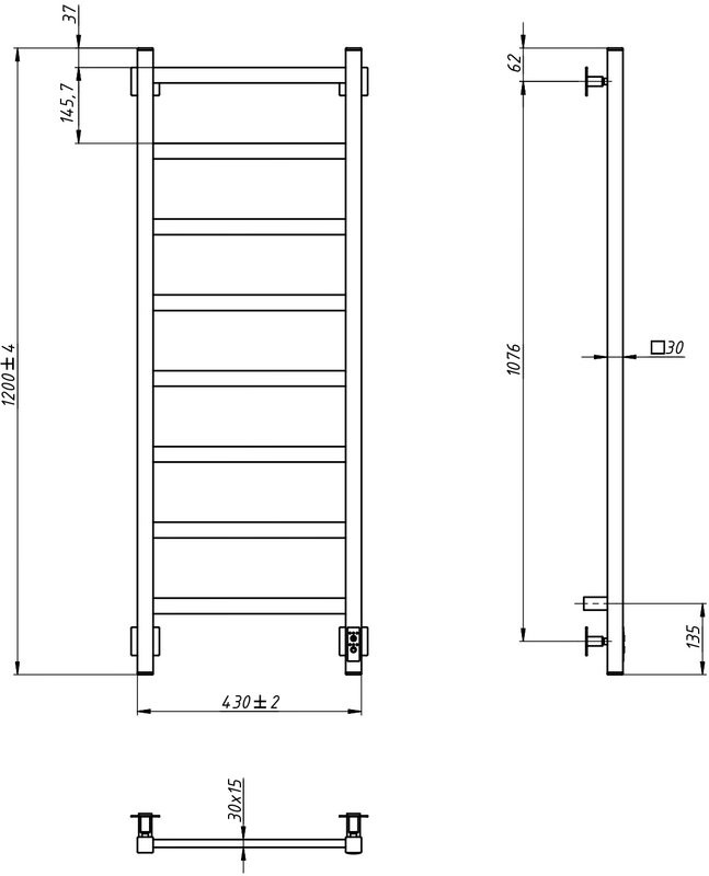 Полотенцесушитель электрический Grota Soffi K 430х1200 NP EL 120x45 см, подключение справа, слева, скрытое подключение справа, глянцевый хром, лесенка