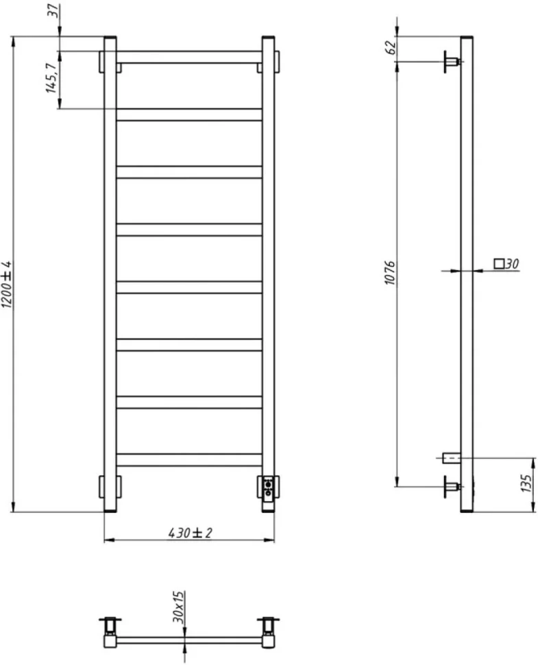 Полотенцесушитель электрический Grota Soffi K 430х1200 NP EL 120x45 см, подключение справа, слева, скрытое подключение справа, глянцевый хром, лесенка