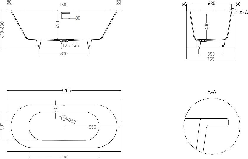 Ванна из искусственного камня Salini Ornella Kit Axis S-Sense 170x75 см, встраиваемая, матовая белая, на ножках, с донным клапаном