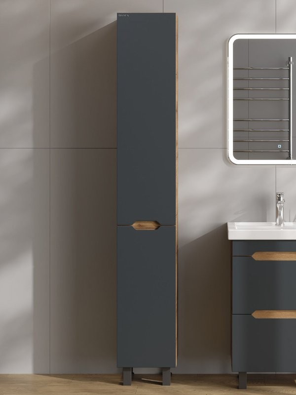 Шкаф-пенал для ванной Onika Айленд 30 напольный, графит, дуб крафт золотой