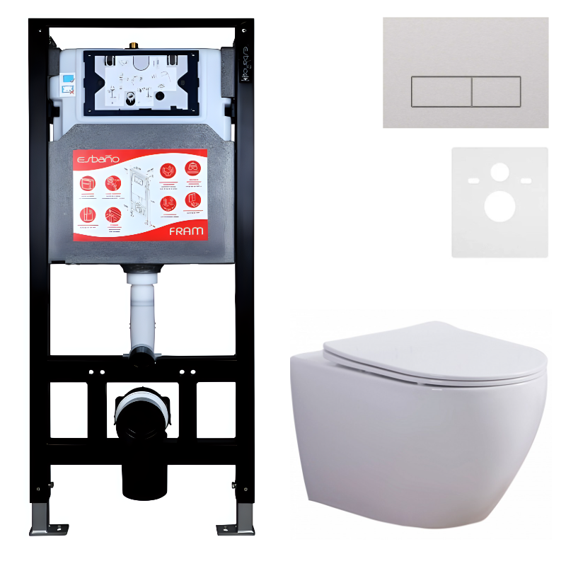 Комплект 3 в 1 Унитаз подвесной Esbano Azalea ESUPAZALW + Инсталляция Fram + Кнопка ESINMTP21ST цвет сатин