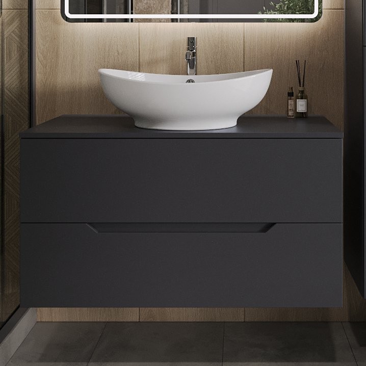 Тумба с раковиной Orange Line 100 подвесная, 2 ящика, матовый графит с раковиной B08-585w