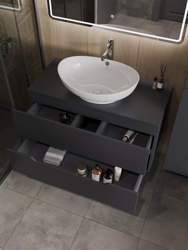 Тумба с раковиной Orange Line 100 подвесная, 2 ящика, матовый графит с раковиной B08-585w