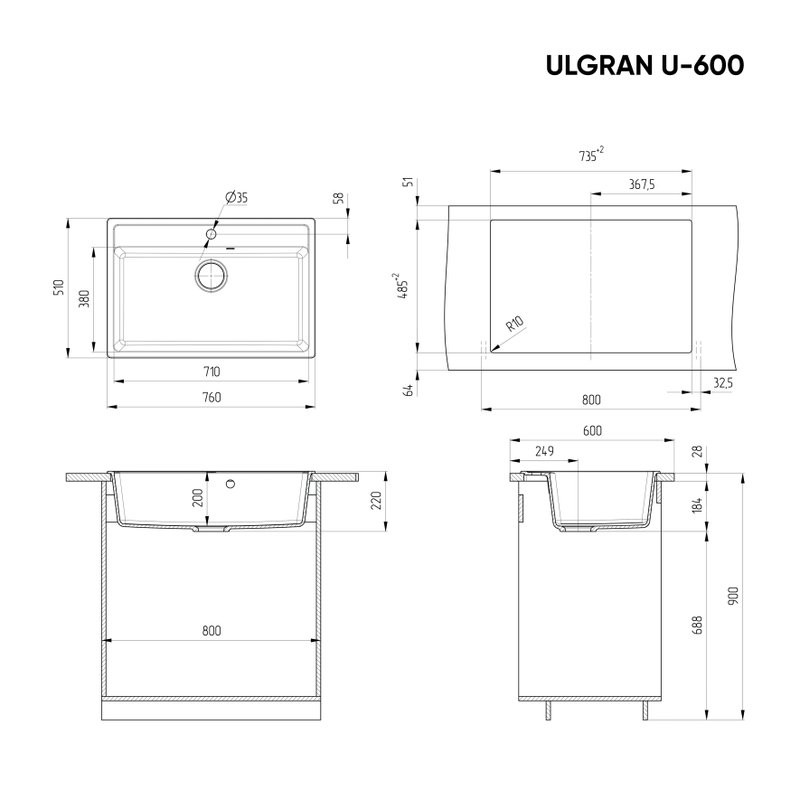 Мойка кухонная Ulgran U-600 343 антрацит + дозатор U-02 антрацит