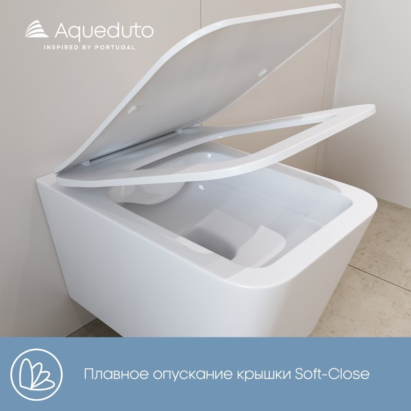 Унитаз подвесной Aqueduto Macio MAC0110 безободковый, с микролифтом, белый глянцевый + Ершик Ridder Kira белый P