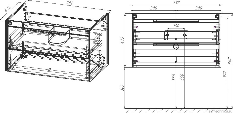 Тумба под раковину Vincea Chiara 2D 80, подвесная, 2 ящика, камень