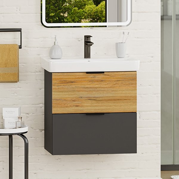 Тумба с раковиной Misty Форест 60 подвесная, дуб вотан, антрацит