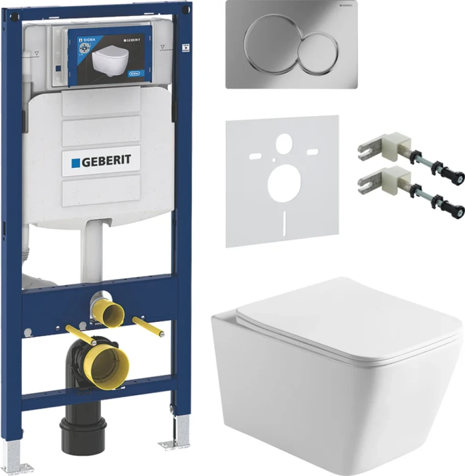 Комплект Унитаз подвесной Vincea Q-Line VT1-12 белый + Крепления Geberit Duofix 111.815.00.1 к стене + Звукоизоляция + Инсталляция UP 320 111.300.00.5 + Кнопка Sigma 01 115.770.21.5 хром