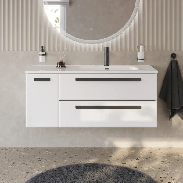 Тумба с раковиной Cezares Eco Cer-N 120 R 2 ящика, 1 дверца, bianco lucido, раковина Duet 120 R, ручки матовые черные