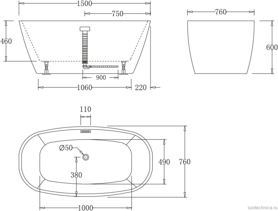Акриловая ванна BelBagno BB72-1500 150x75 см, отдельностоящая, белая, овальная, с каркасом, со сливом-переливом