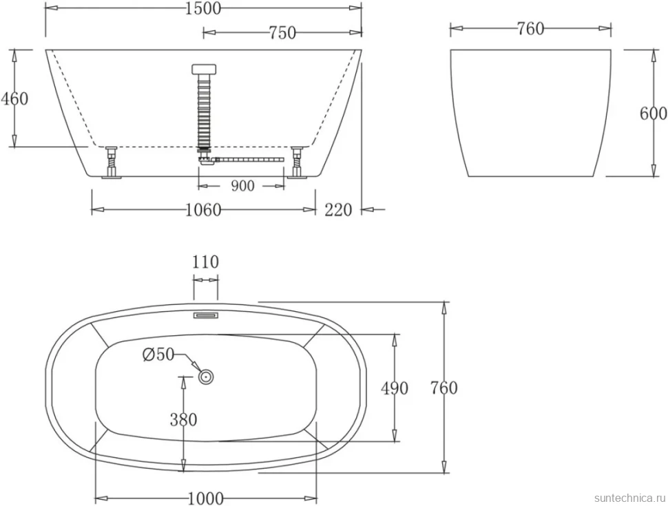 Акриловая ванна BelBagno BB72-1500 150x75 см, отдельностоящая, белая, овальная, с каркасом, со сливом-переливом