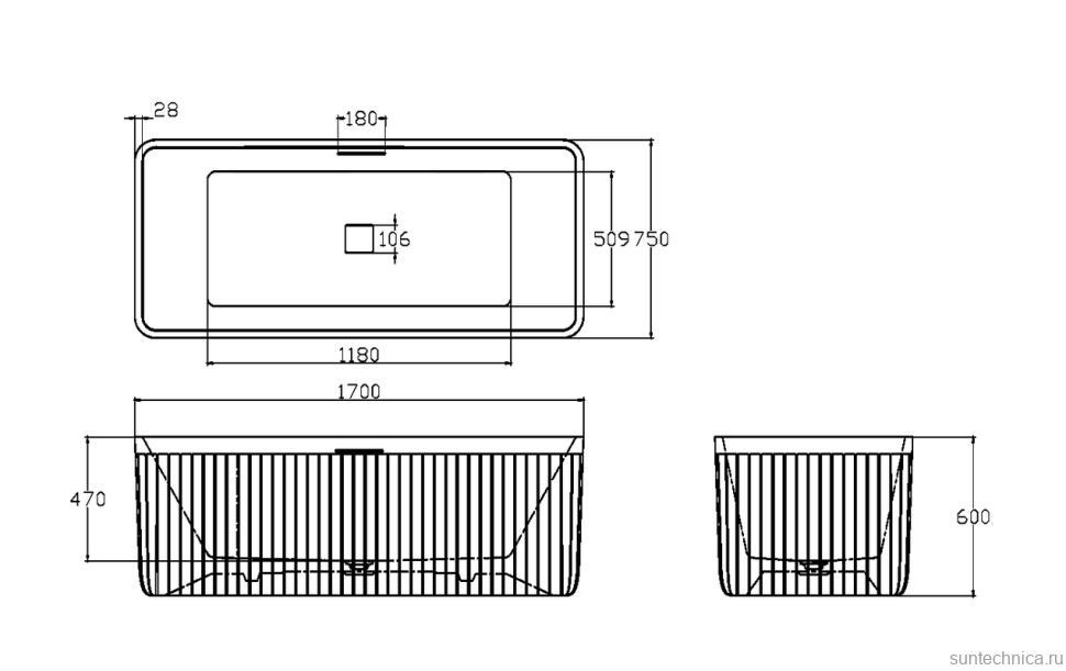 Ванна из искусственного камня AltroBagno Cinzia 090106 170x75 см, отдельностоящая, матовая белая, на ножках, с донным клапаном, с подголовником