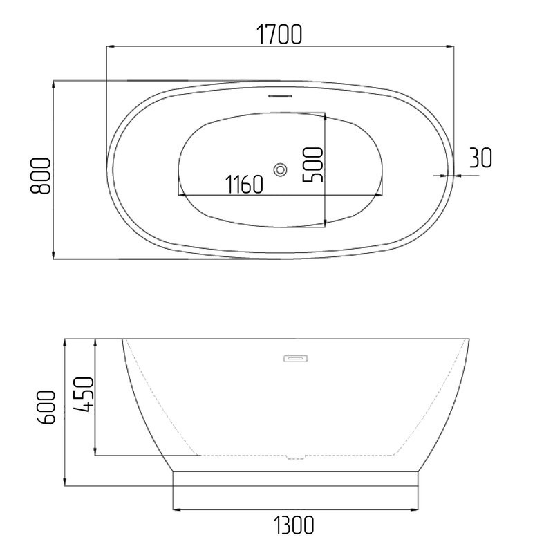 Акриловая ванна Grossman Classic GR-2603 170x80 см, отдельностоящая, белая, овальная, с донным клапаном