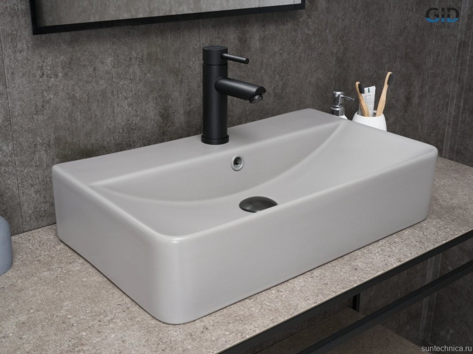 Накладная раковина GID Geometrico Gm1344 61 матовая серая, прямоугольная, фаянс, с 1 отверстием под смеситель