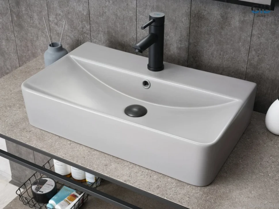 Накладная раковина GID Geometrico Gm1344 61 матовая серая, прямоугольная, фаянс, с 1 отверстием под смеситель